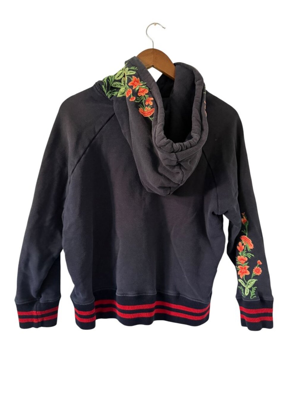 MOTHER The Square Hoodie in Intetwined- L- Black/Red/Pink Embroided- Sweatshirt